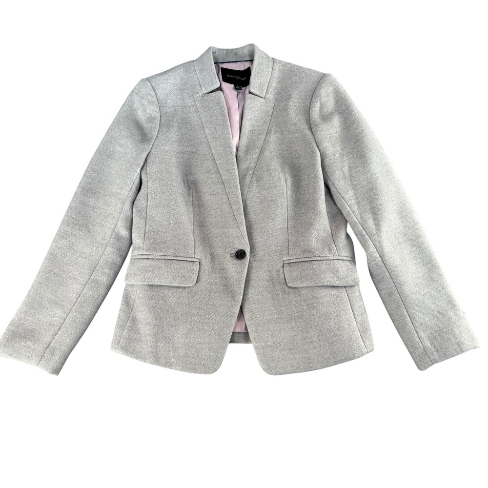 Banana Republic Womens Petite 8P Grey Single Button Blazer Pink Lining RN54023